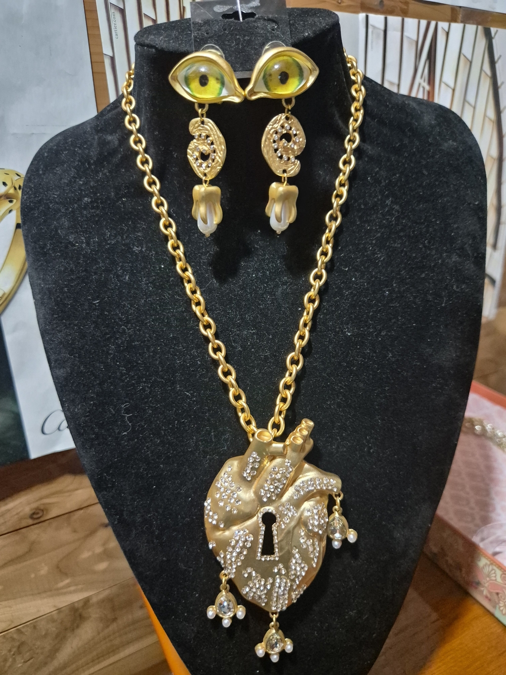 Gold Matte Heart Lock Pendant Necklace with Crystal Accents - Gold